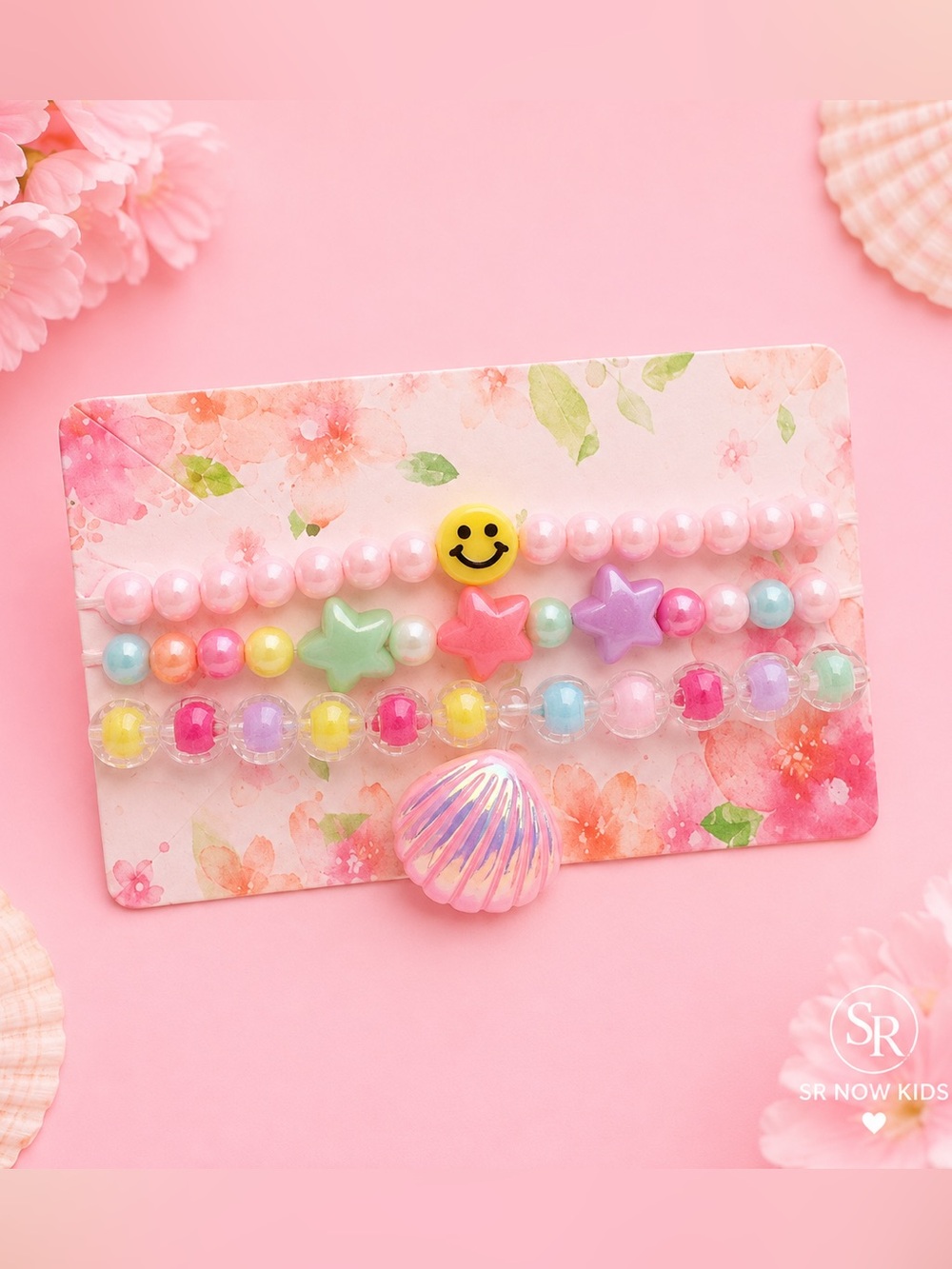 Mermaid Bracelet Set for Girls | Smiley Face & Shell Charm Stackable NEW